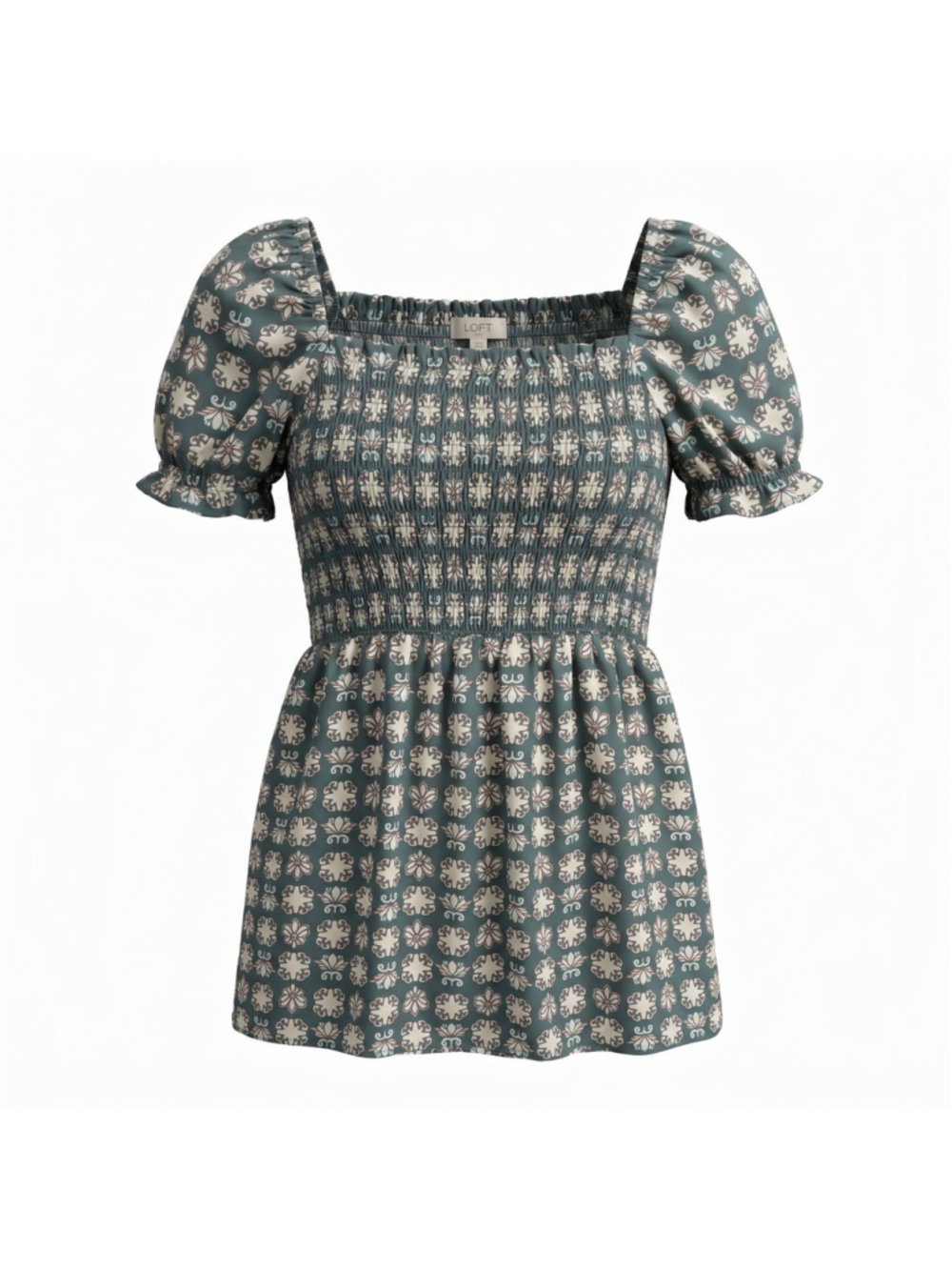 LOFT Mini Babydoll Dress Floral Puff Sleeve Smocked Women's Size Medium Petite - Picture 1 of 9